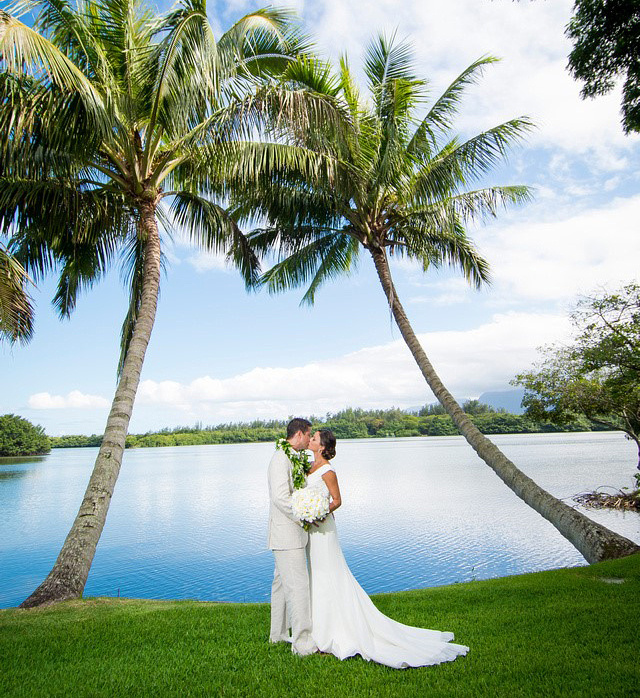 Bride and groom at Molii garden, Kualoa Ranch Hawaii 